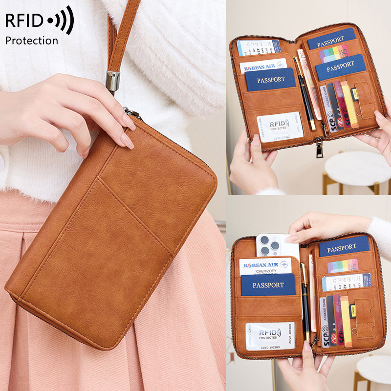 New cross-border RFID anti-magnetic wallet with zipper, passport bag, document bag, ticket storage bag, multifunctional passport wallet