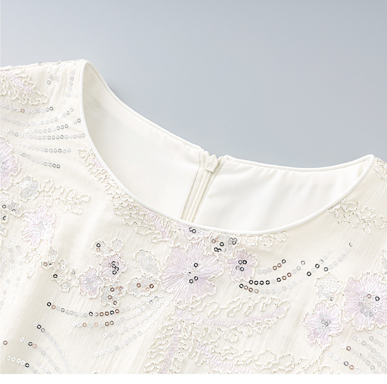 Váy chữ A thêu hoa đính sequin tinh tế, quý phái, dáng suông midi — Màu hồng chi tiết 17