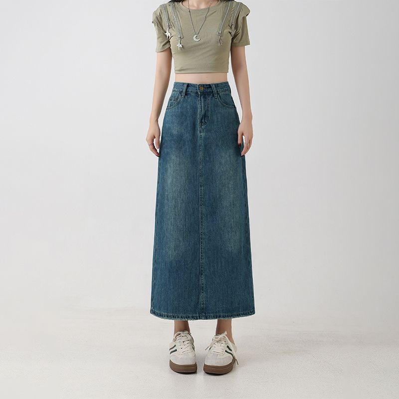 Back Slit Denim Skirt, Retro Blue, 2025 Summer Trend, Slimming High-Waisted A-Line Skirt, Mid-Length Women's Clothing