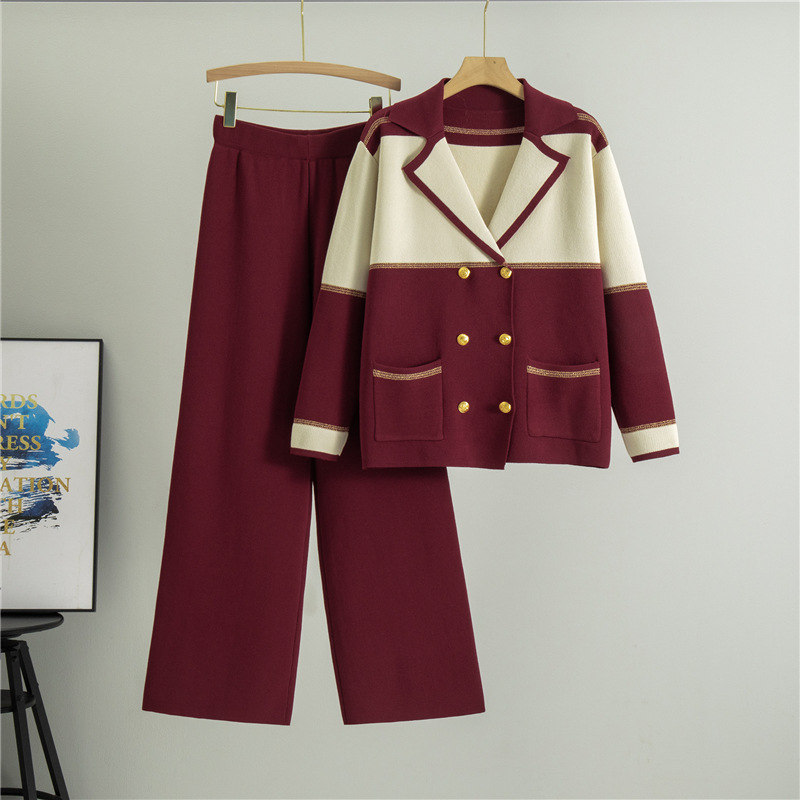 GraceChic Elegant Suit Collar For Women 2025 Spring And Autumn New Color Block Double-Breasted Knitted Top Wide-Leg Pants_voghion.com