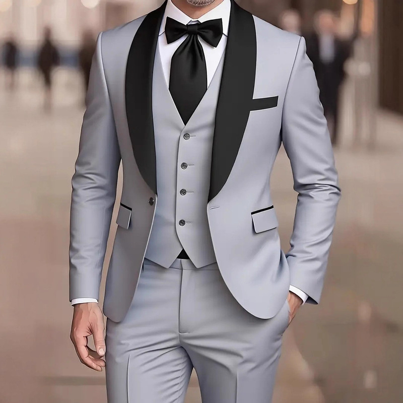 Suit Suit Men's Three-Piece Suit Green Fruit Collar Groom Wedding Suit Men's Korean Style Slim Fit Groomsmen Suit Wedding Dress