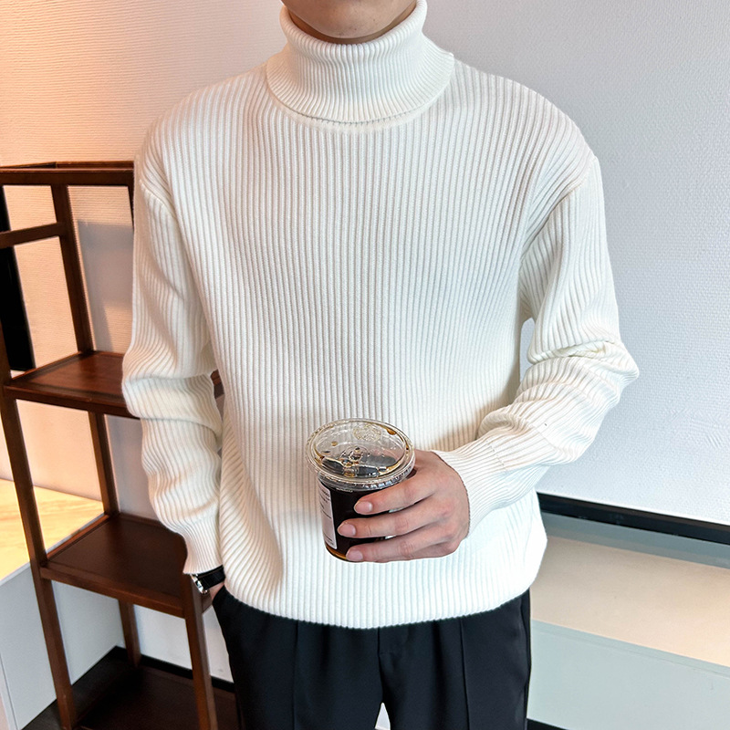 Casual High Neck Handsome Solid Color Striped Sweater With Loose Texture Knit Sweater Inside_voghion.com