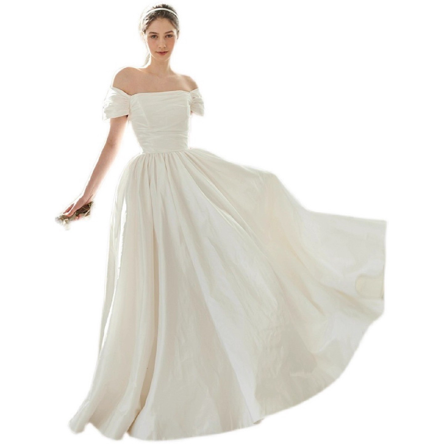 Popular Style Light Wedding Dress, Retro One-Shoulder Simple Engagement Registration Dress, Travel Photography for Petite Brides, Floor-Length