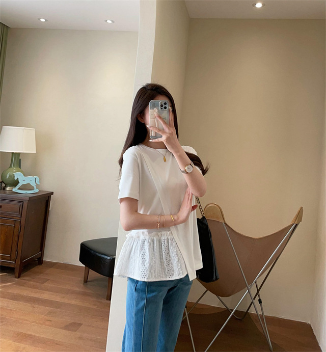 Design sense: Unconventional irregular hollowed-out embroidery patchwork hem, loose short-sleeved T-shirt for women, Spring/Summer 2025 G032206 pic 20