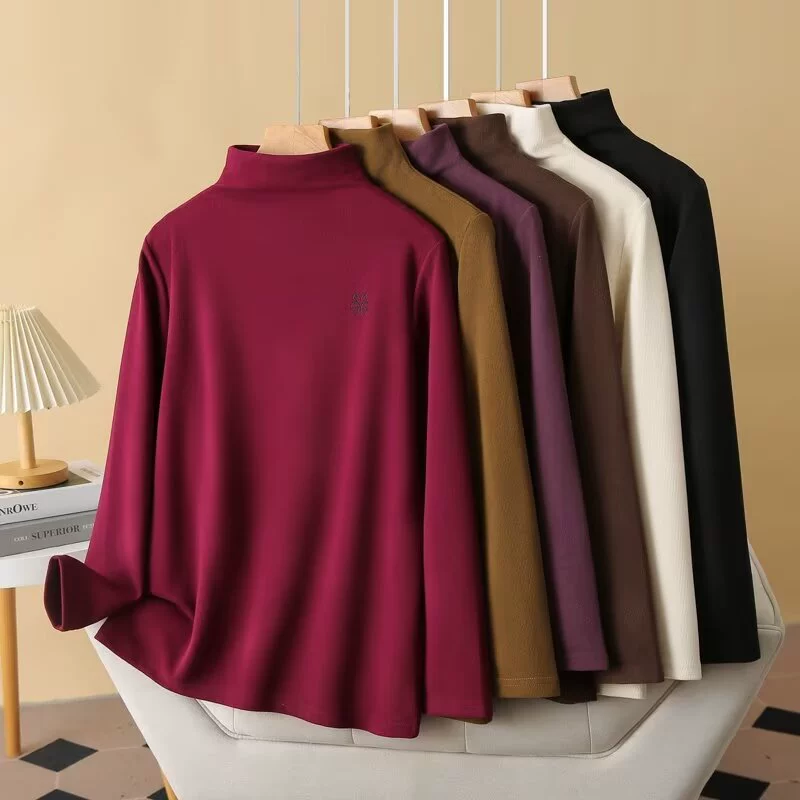 2024 осенняя и зимняя нижняя рубашка большого размера женская вышивка с полувысоким воротником толстая девушка тонкая с длинными рукавами эластичная 970