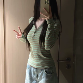 【彩棉色织条】复古撞色条纹半开领长袖t恤女秋季内搭打底衫上衣