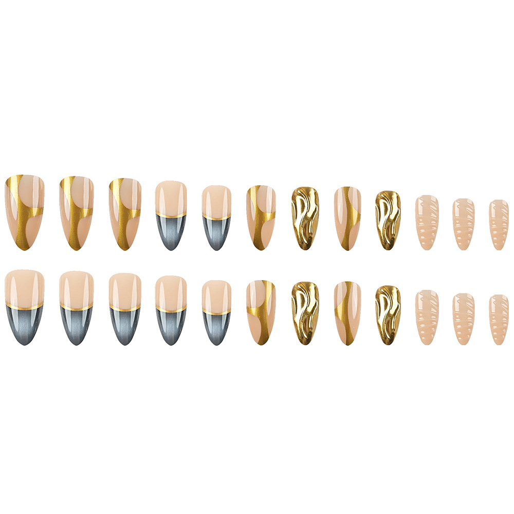 Color desnudo gradiente de oro y plata líneas francesas de uñas transfronterizas parches de uñas de almendras minimalistas 24 piezas de uñas