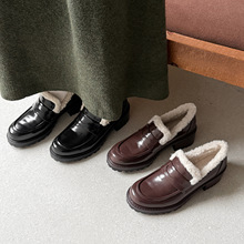 5cm法式时尚2025秋冬新款圆头粗跟中跟防滑加绒厚保暖深口单鞋女