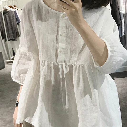 Designed with a Loose, Niche Feel, Linen Cotton Doll Shirt with Lantern Sleeves, Women's Plus Size Half-Sleeve Summer Shirt