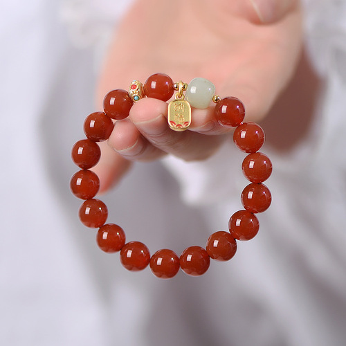 Natural red agate bracelet for women, Hetian jade bracelet, birth year, red bean, ancient style transfer beads, acacia bean jewelry