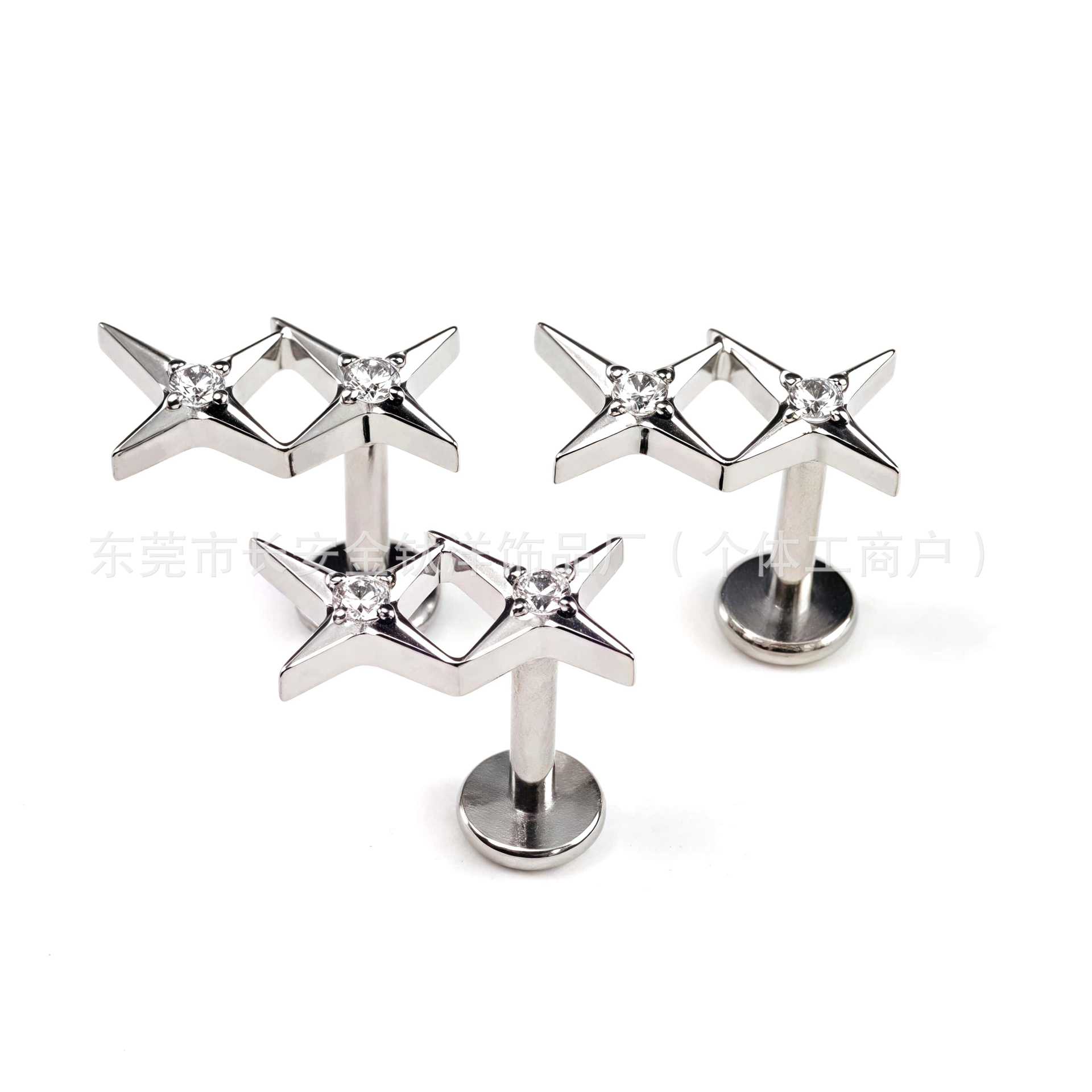 F136 Titanium Gemini Zircon Double Four Mangxing Earrings Nose Nail Ear Bone Nail G23 Titanium Alloy Human Puncture Jewelry detail image 8