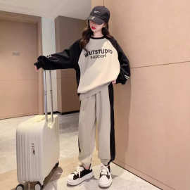 女童2025春季新款套装中大童韩版字母拼色卫衣卫裤修身休闲两件套