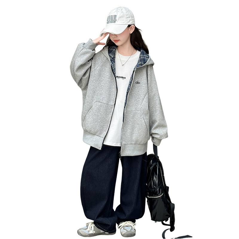 女童外套春秋2025新款儿童卫衣连帽拉链衫洋气中大童双面穿运动服|undefined