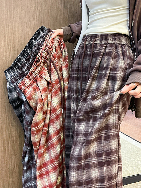 复古格子山本阔腿裤女秋季新款慵懒风高腰直筒垂感显瘦拖地休闲裤|undefined