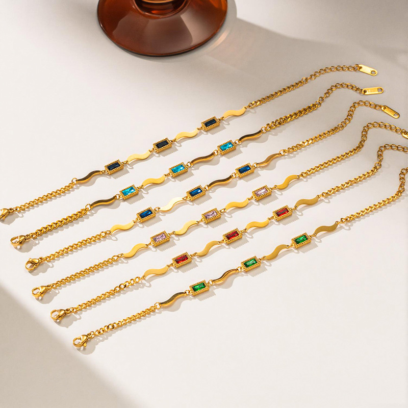 Amazon's New Colorful Birthday Crystal Stone Bracelet Ocean Wave Titanium Steel Square Zircon Bracelet Girls' Hand Jewelry Amazon's New Colorful Birthday Crystal Stone Bracelet Ocean Wave Titanium Steel Square Zircon Bracelet Girls' Hand Jewelry