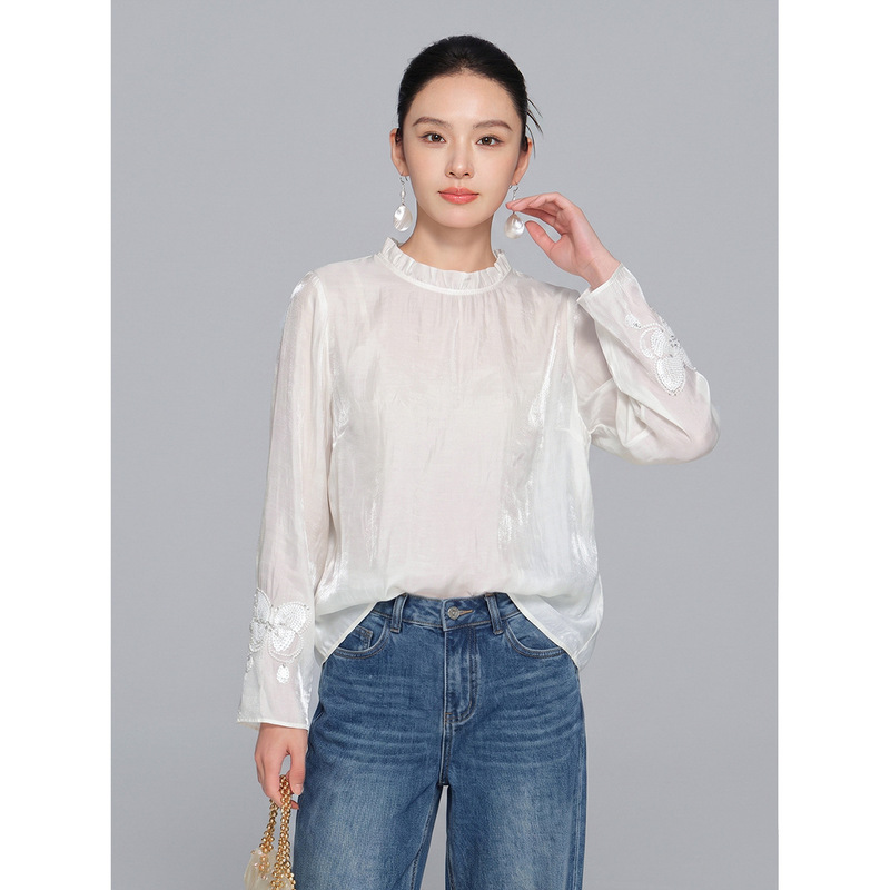 【Zhihetang】New Chinese Style Ruffled Tencel Shirt for Women with Sequin Embroidered Cuffs, Loose Fit, Traditional Long Sleeve Top 【Zhihetang】New Chinese Style Ruffled Tencel Shirt for Women with Sequin Embroidered Cuffs, Loose Fit, Traditional Long Sleeve Top