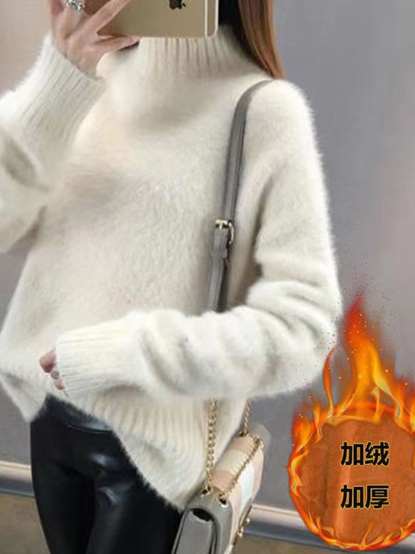 半高领毛衣女水貂绒秋冬季新款加绒加厚针织衫套头上衣宽松打底衫|undefined