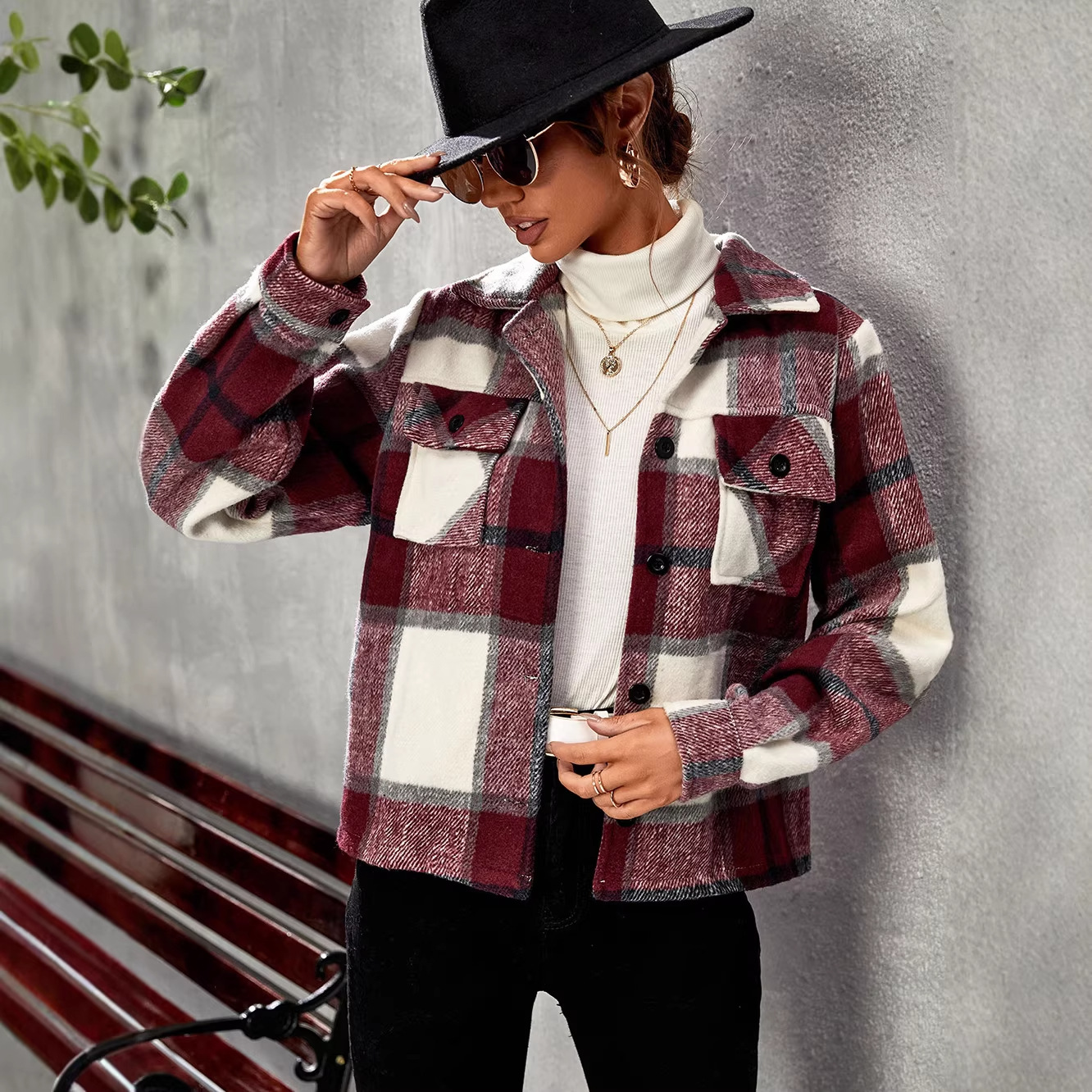 Amazon transfronterizo 2022 Otoño e Invierno popular europeo y americano solapa de un solo pecho de lana abrigo a cuadros de las mujeres Top corto