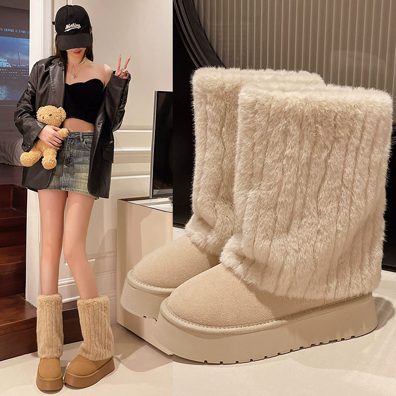 35-42 размера большая женская обувь с круглой головкой шерстяная теплая плюшевая толстая подошва снегоступы женские 2024 зимние хлопчатобумажные туфли 41