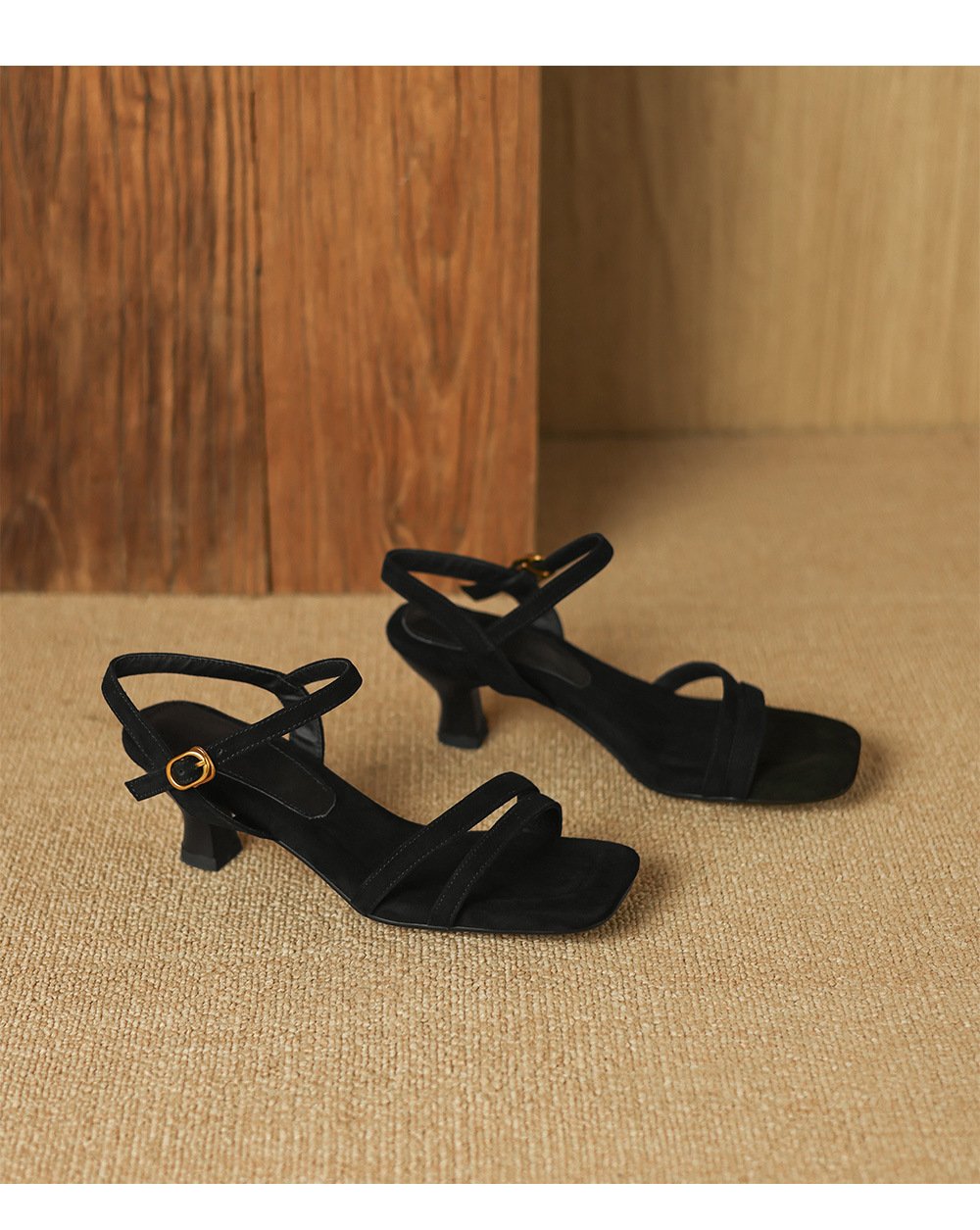 Sandal nữ quai ngang mũi hở gót cao 5.5 cm kiểu Hàn Quốc — đen chi tiết 14