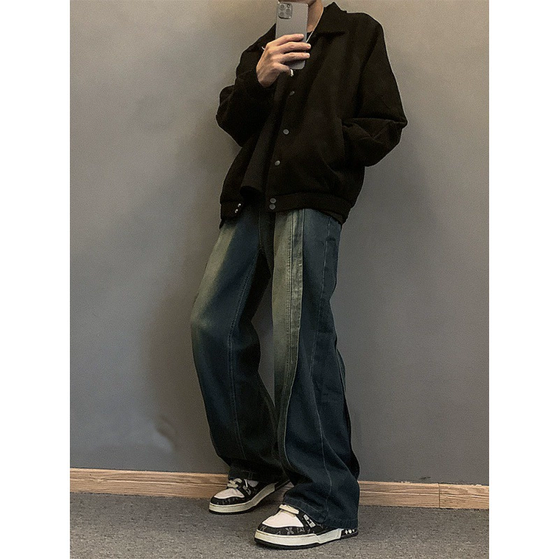 Американские сшитые джинсы с тяжелым весом премиум смысл мужской летний 2024 новый высокий уличный широконожный вертикальный прямой брюки