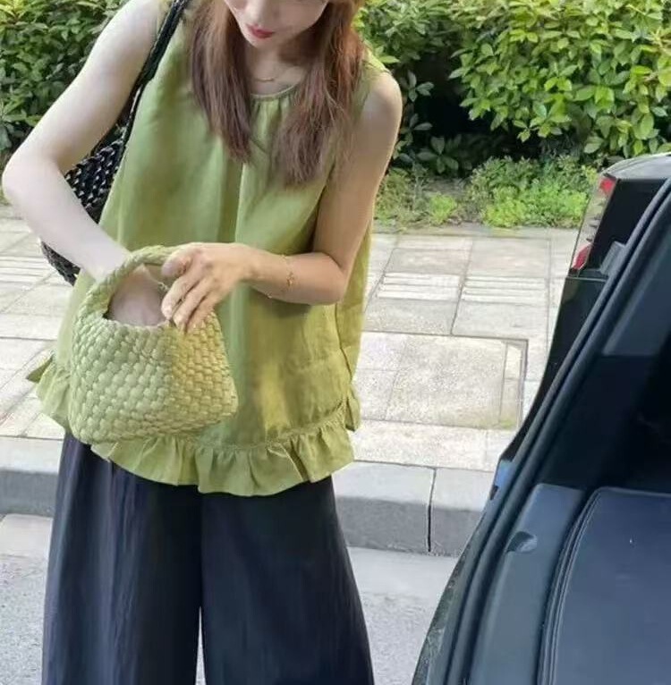 French-Style Retro Ruffled Ramie Sleeveless Green Shirt for Women 2025 Summer New Loose Age-Reducing Vest Top