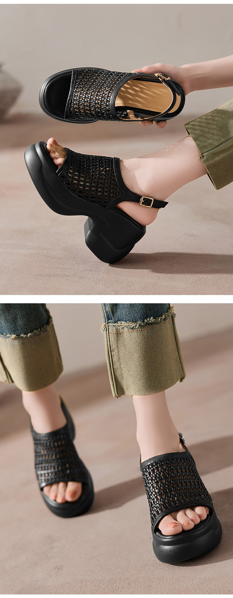 Sandal cao gót nữ mũi hở đế dày 8 cm kiểu dệt La Mã quai ngang — đen chi tiết 5