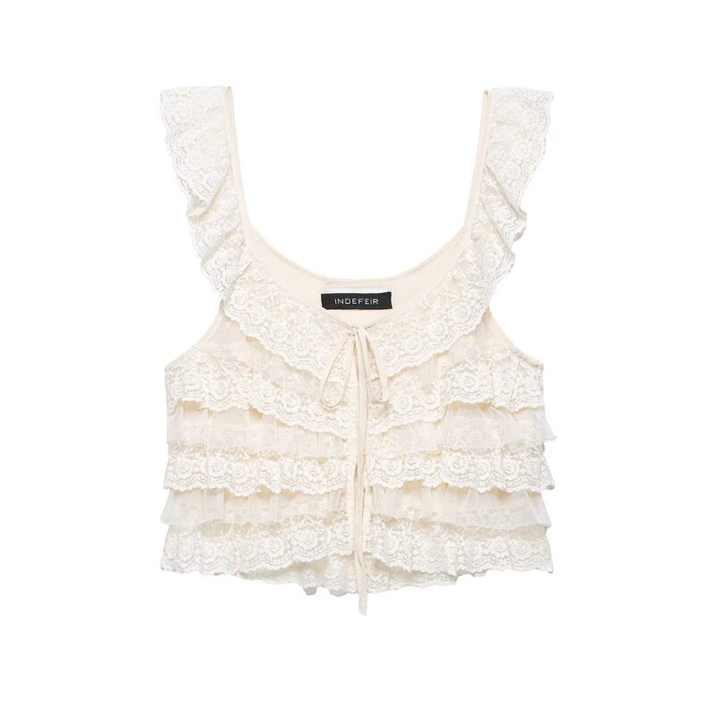 Myst&Za 2026 Fashionable European and American Style New Lace Vest with Unique Layered Bow Decoration Short Top Myst&Za 2026 Fashionable European and American Style New Lace Vest with Unique Layered Bow Decoration Short Top