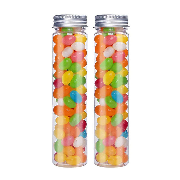 Fabricante en stock 110ml plata cubierta de aluminio transparente PET tubo de ensayo botella máscara botella caramelo tubo de ensayo cable de datos tubo de ensayo