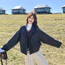 实拍灰色格纹拼接保暖羊毛呢外套2025秋韩版休闲小个子短款上衣