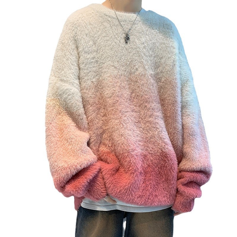 가을과 겨울 두꺼운 스웨터 남자 한국 스타일 패셔너블 루즈 그라디언트 니트 스웨터 겨울 INS 홍콩 스타일 게으른 스웨터 재킷