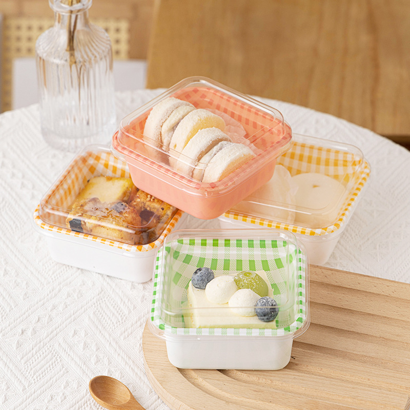 网红ins手绘方形格子蛋糕盒小甜品慕斯野餐烘焙复古便当包装盒子
