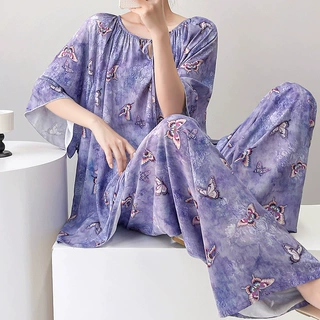新款绵绸新中式花卉印花睡衣女盘扣家居服棉绸套装复古国风春夏季