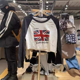 BM风美式新款美式复古国旗印花剪边短款长袖插肩t恤bm棉短款上衣
