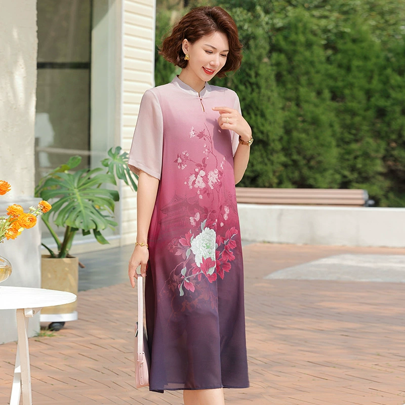 Летнее тонкое классное платье с принтом в китайском стиле для мам, свободная юбка с градиентом для женщин среднего и пожилого возраста, новый стиль