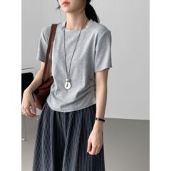 那末早秋bi入内搭～纯色圆领抽褶收腰t恤女基础百搭显瘦上衣N6021