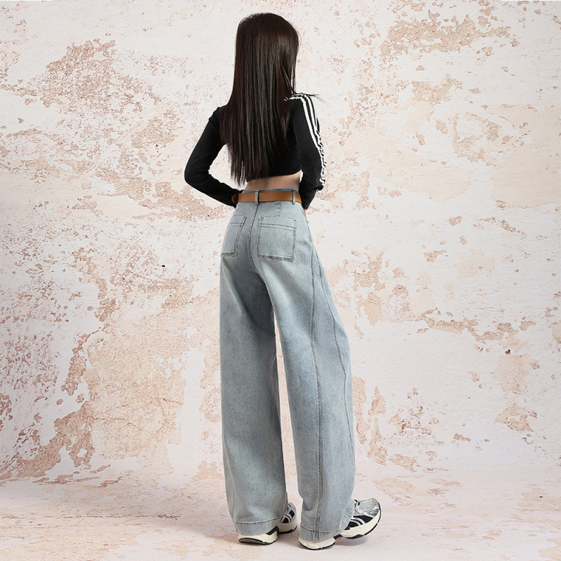 Jeans de pierna ancha azul claro de primavera de mujeres, nuevo tamaño de pera, cintura alta, pantalones de macheta rectos sueltos y delgados