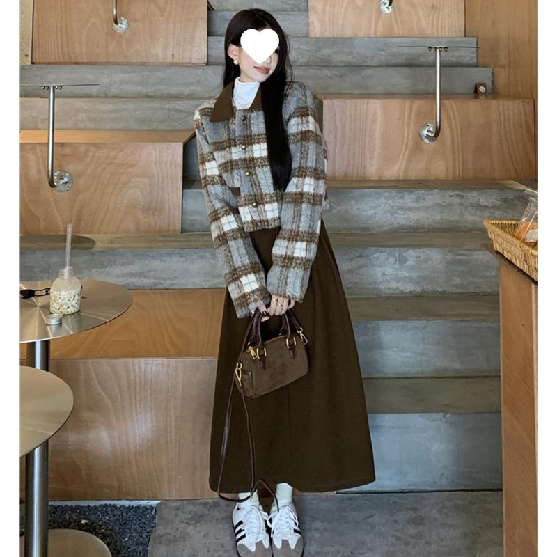 秋冬季复古两件套加厚毛呢高个子套装短外套女百褶长裙时尚套装裙|undefined