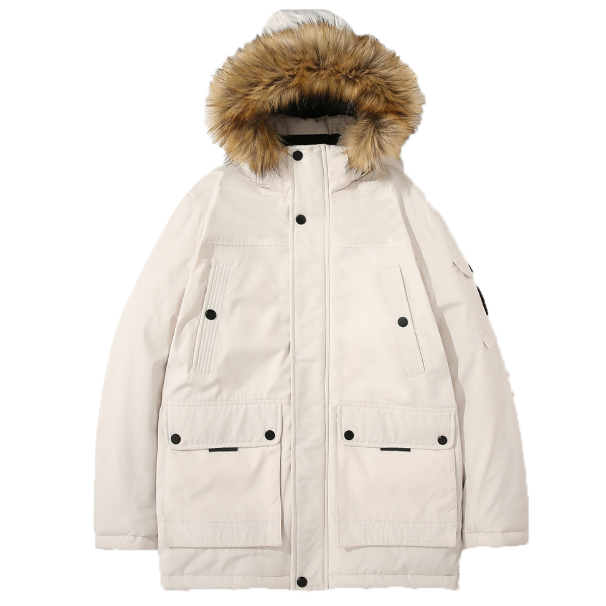 Giacca imbottita in cotone grande d'oca, lunga da uomo, con cappuccio, colletto largo in pelliccia, giacca cargo invernale_voghion.com