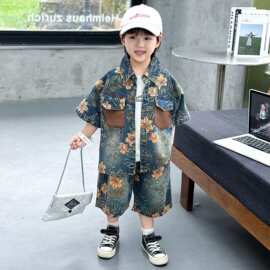 男童牛仔套装夏装2026儿童夏季新款时髦帅气两件套短袖童装图片色