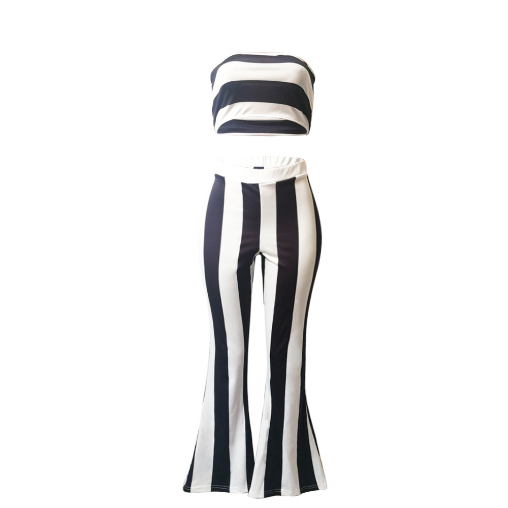 Damen Bandeau Oberteil Und Schlaghose Im Streifenlook Set_voghion.com