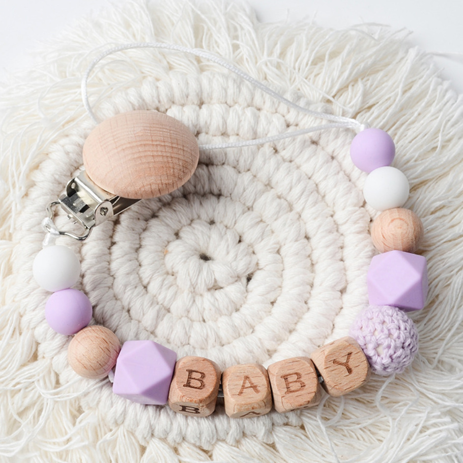 Baby beech tetina clip de cabello crochet anti-caída cadena letra beech baby silicone tetina cadena perlas de octogono