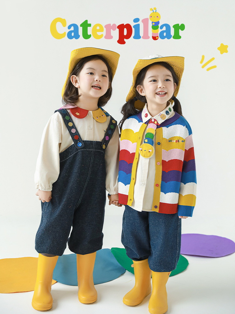 Wulibu Girls' Rainbow Series Set 2026 Spring Vest Jacket with Bug Embroidery Shirt and Wide-Leg Overalls