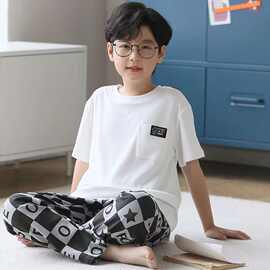 黁白男儿童家居服夏季新款断层男童睡衣套装宽松口袋薄款中大童空