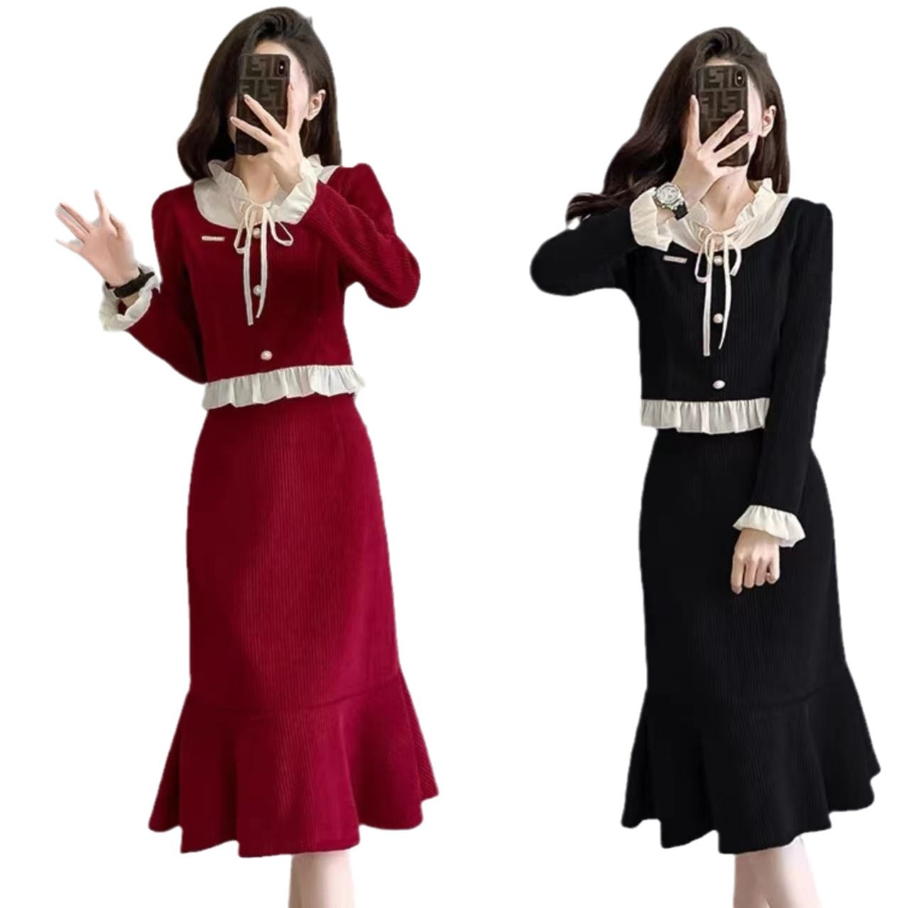 Ladies' South Korean New Design Waist-Slimming Long-Sleeve Top and Skirt Two-Piece Elegant Set