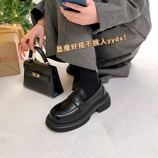 英伦风复古厚底懒人乐福鞋女2024新款秋季真皮粗跟单鞋黑色小皮鞋