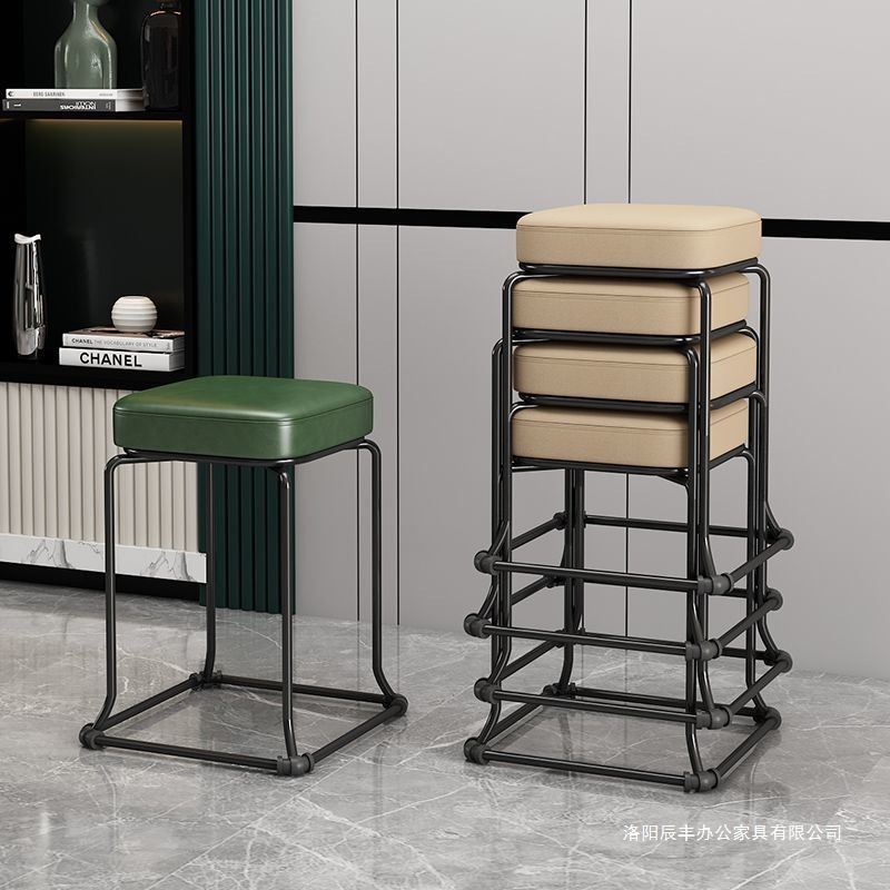 Soft Leather Round Stool, Extra Thick Iron Dining Chair, Modern Solid Square Stool, Household Stackable Steel Stool