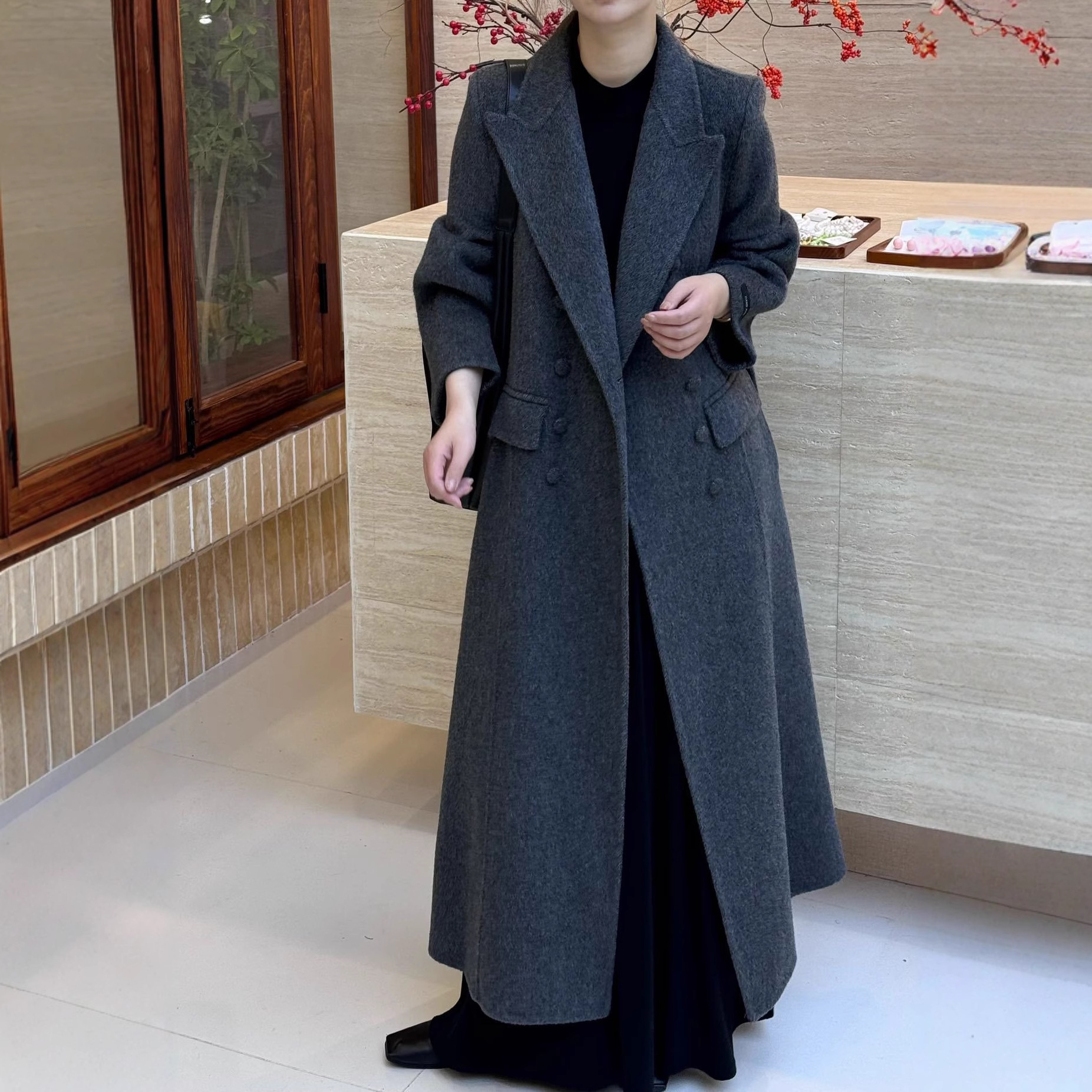 韩版双面羊毛大衣加长款修身收腰带气质高级宽松新款女羊绒外