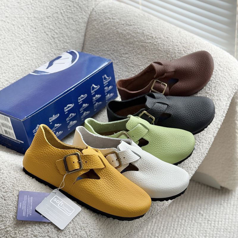 Comfortable and Stylish! New Autumn and Winter Cork Thick-Soled Birkenstock Shoes, Genuine Leather Retro One-Line Buckle Lazy Shoes for Women