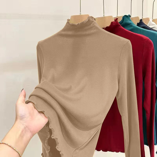 Mid-aged mom's ribbed half-high collar basic top women's innerwear autumn winter slimming mushroom edge long-sleeved T-shirt women's top